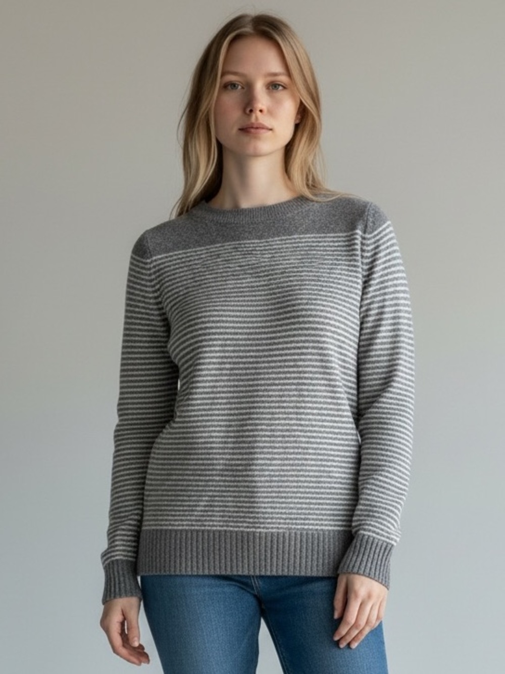 LOFT Striped Sweater Womens XXS Petite Gray White Lightweight Crewneck